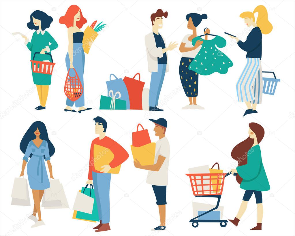 Men and women with shopping bags supermarket basket or cart vector isolated characters buying food and clothes grocery store or boutique customers paper packs and dress on hanger sale and retail