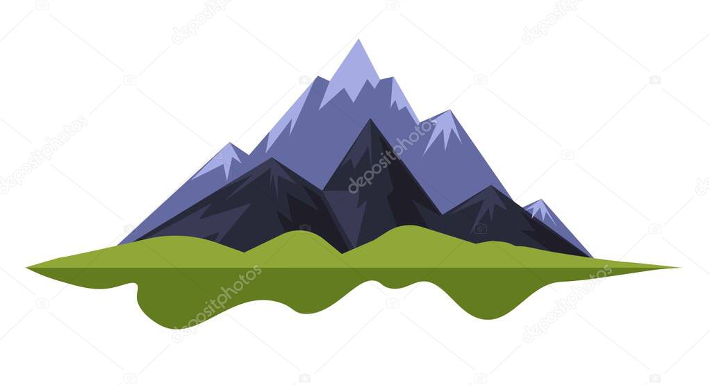 Camping and hiking mountains landscape rocks or heels wild nature vector isolated land countryside view mount traveling and tourism walking or climbing and exploration environment grass meadow