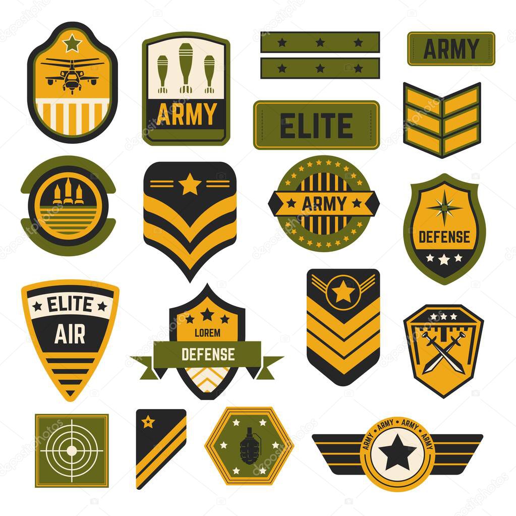 Elite military service army signs and badges or stripes vector air and navy country defense stars helicopter and bombs swords and rockets aim or target soldier accessories state servants emblems