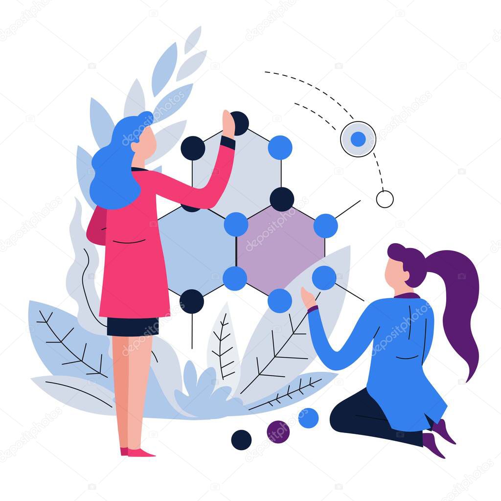 Scientists and molecule women chemists or biologists isolated abstract icon vector microbiology science and research genetics modern technology development invention and genetic code modification