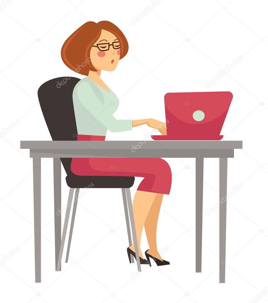 Laptop on desk woman at work isolated female character vector secretary or office worker in shirt and skirt eyeglasses on chair computer on table daily routine and working day job or profession