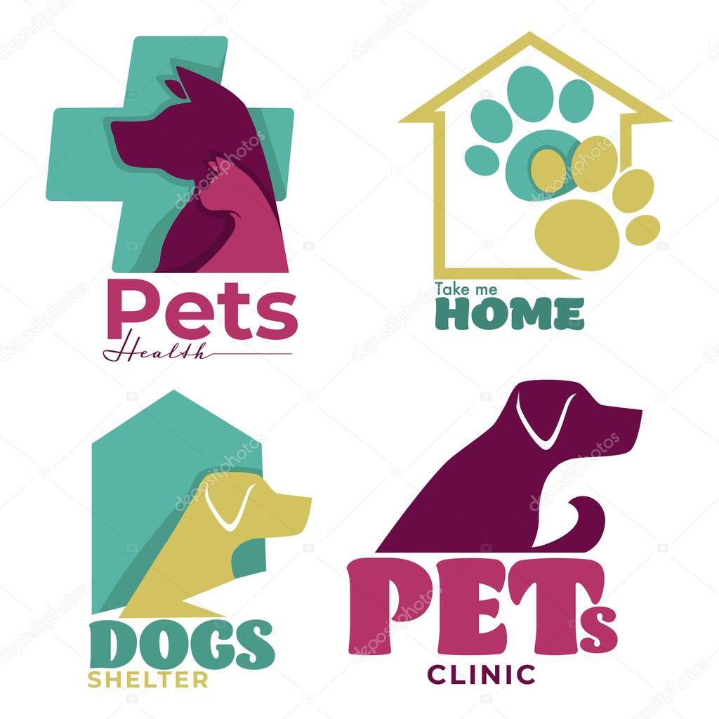 Pets health, take me home animal shelter and veterinary clinic logo. Rescue dog, cat silhouette above medical cross. Paws inside house icon. Set of four graphic vector illustrations, white background.