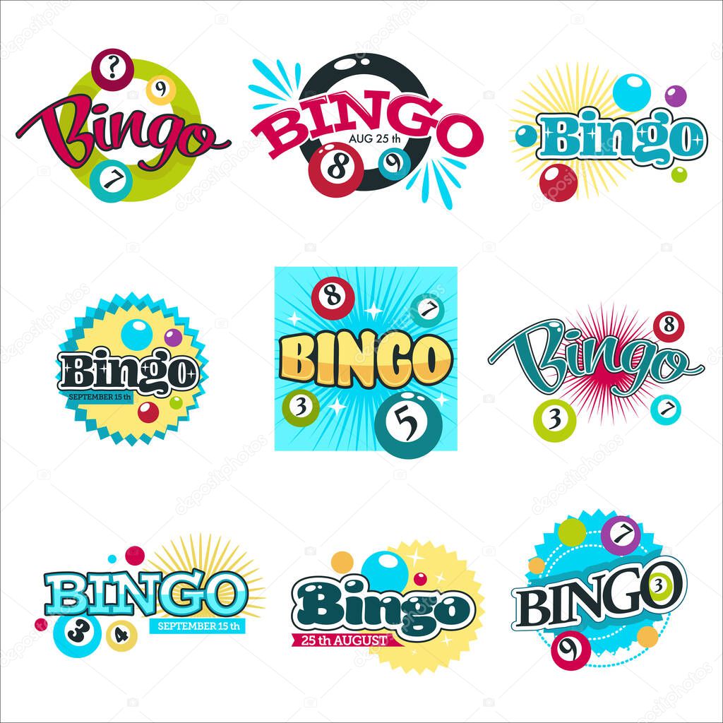 Gambling equipment balls with numbers bingo game isolated icons vector playing and winning money guessing and luck entertaining event emblem or logo with lettering digits combination and lucky ticket
