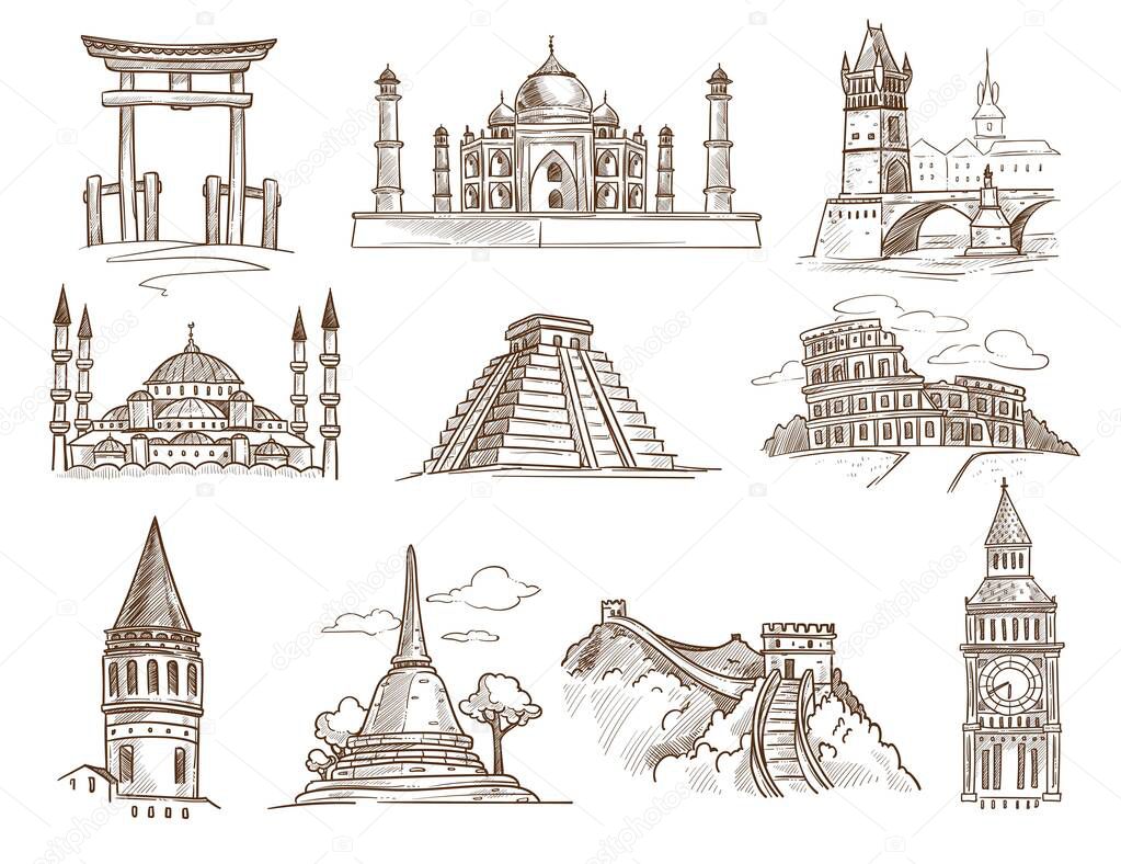 Famous buildings and architecture world landmarks vector torii gate and Taj Mahal Tower Bridge and Sultan Ahmed Mosque Mayan pyramid and Coliseum Galata tower and Swedaon pagoda Great wall and Big Ben