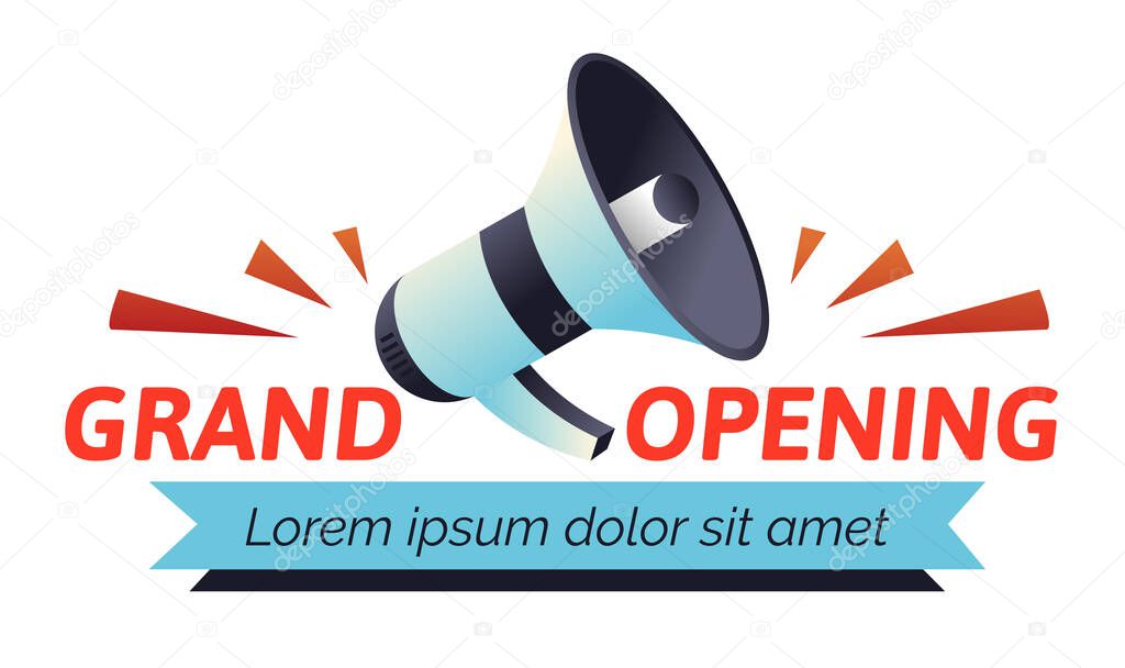 Grand opening logo with megaphone, loudspeaker, bullhorn. Announcement of the special event, business venture start up, social media promo banner. Vector illustration on white background and text.