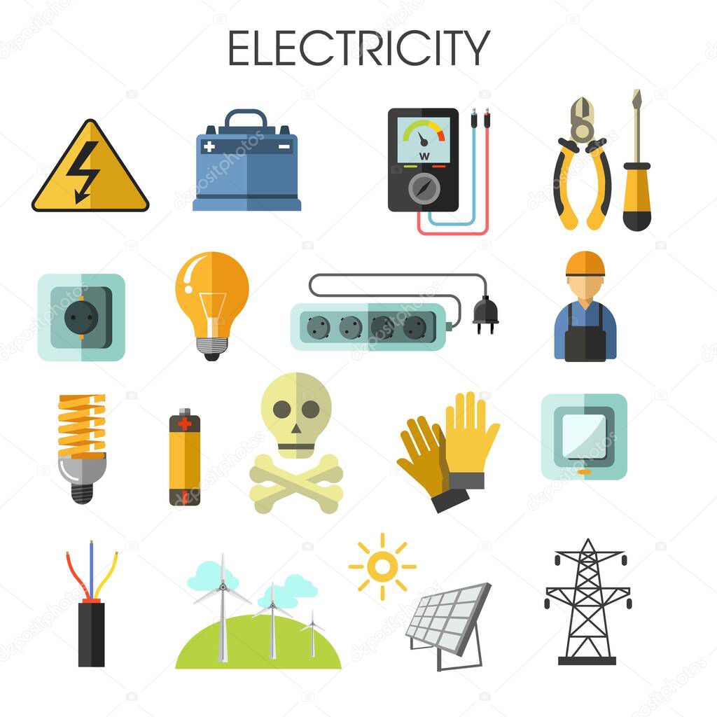 Electrician tools electricity power and energy generation equipment and solar batteries vector voltmeter and pliers screwdriver and socket switch and charger light bulb and rubber gloves windmills