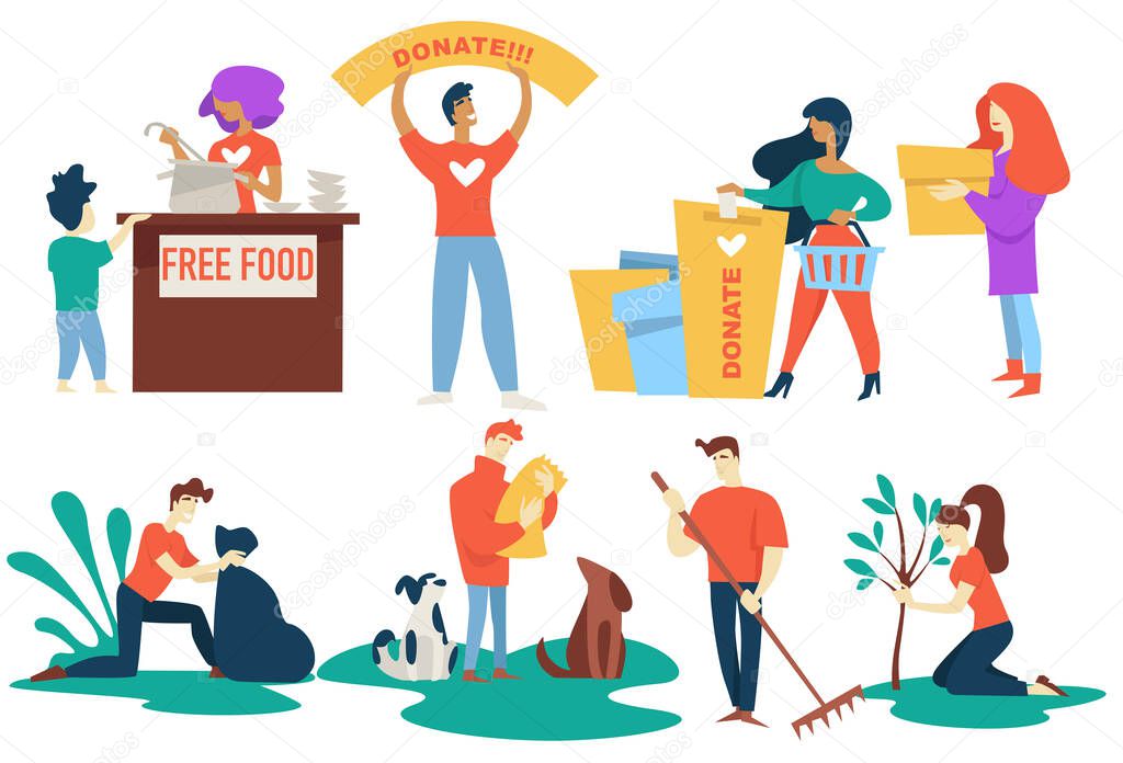 Volunteers donation and charity free food and pet protection vector feeding homeless and money invest humanitarian aid garbage utilization and animal shelter planting trees people and environment