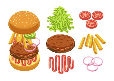 Hamburger malzemeleri ve farklı katmanlar ayrıntılı olarak gösteriliyor. Izgara biftek, marul yaprağı, ketçap, domates dilimleri, patates kızartması, kırmızı soğan. Fast food tarifi. Beyaz arkaplanda izole vektör illüstrasyonu.