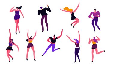 Müzik festivalindeki gençler, gece kulübü, hareket halinde. Dans etmek, ellerin havada zıplamak, eğlenmek, en sevilen pop şarkılarına eşlik etmek. Gece hayatı eğlencesi renkli izole vektör çizimi.