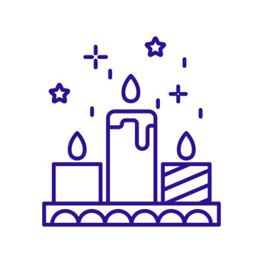 Tepside Noel mumları ikonu. Mum ışığı, yıldızlar ve parıltılar. Yeni yıl dekoratif unsurları. Kış bayramı kutlaması. Beyaz arkaplanda izole edilmiş mavi doğrusal grafik vektör çizimi.