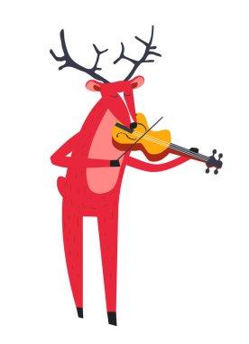 Ren geyiği keman çalıyor. Sevimli hayvan geyiği kapalı gözlerle müzik aleti çalar. Hayvanat bahçesi konseri. Çocuk odası baskısı kırmızı ve siyah. Beyaz arkaplanda izole edilmiş grafik vektör çizimi.