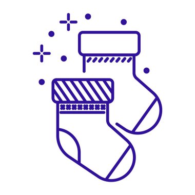 Noel çorapları ikonu. Baskılı çoraplar ve şömine süsü. Kış tatilleri geleneksel festival eşyaları. Beyaz arkaplanda mavi doğrusal minimal grafik vektör çizimi.