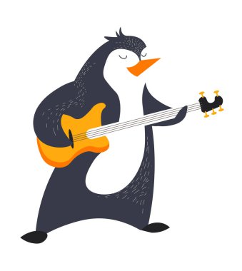 Penguen gitar çalar. Müzik aleti çalan sevimli bir hayvan, gözleri kapalı duruyor. Hayvanat bahçesi konseri. Çocuk odası baskısı siyah ve turuncu. Beyaz arkaplanda izole edilmiş grafik vektör çizimi.
