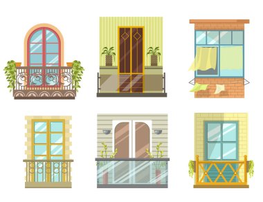 Çeşitli stil ve formlarda balkonlar, ön manzara. Kemerli pencereler, demir parmaklıklı küçük avlu. Juliet balkonunda. Modern şık tasarım. Yerleşim yerleri dış cephe seti. Vektör illüstrasyonu.