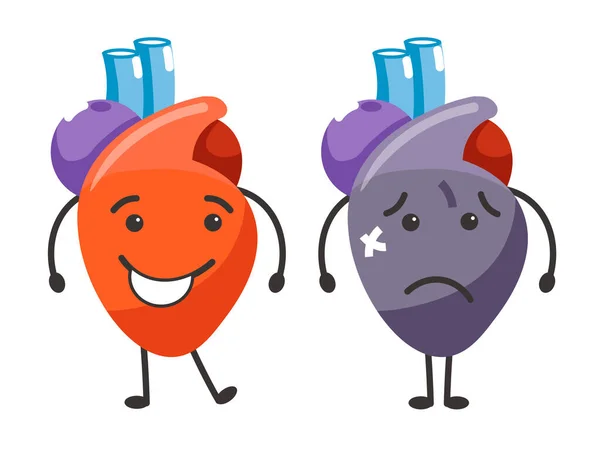 Zdrowe Kontra Chore Serce Uśmiechnięty Organ Porównaniu Smutnym Plaster Twarzy — Wektor stockowy