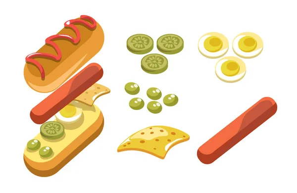 Ingredientes Hotdog Capas Separadas Muestran Detalle Pan Salchichas Jalapeños Aceitunas — Vector de stock