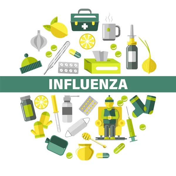 Influenza Hideg Influenza Kezelés Banner Sablon Természetes Jogorvoslati Ikonok Körben — Stock Vector