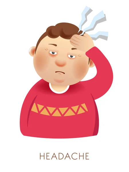 头痛症状 手牵手 表情忧郁的人 穿着红色毛衣的不健康的男性 压力反应或健康问题概念矢量说明 白色背景 — 图库矢量图片