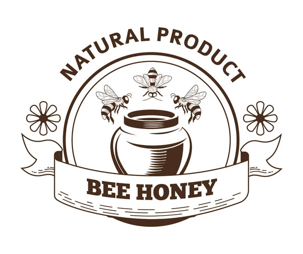 Miód Pszczeli Naturalny Produkt Projekt Opakowań Etykiet Pszczoły Latające Nad — Wektor stockowy