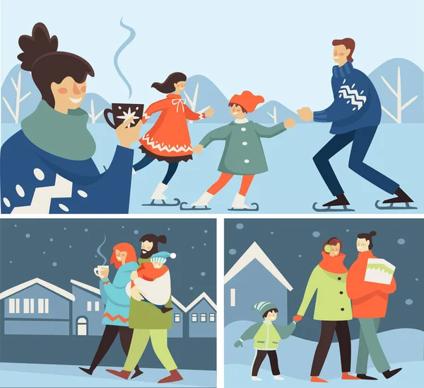 家庭冬季户外活动 在寒冷的一天 父母和孩子们一起滑冰 爸爸妈妈在雪夜散步 抱着蹒跚学步的儿子 秋季假期五彩缤纷的病媒图解 — 图库矢量图片