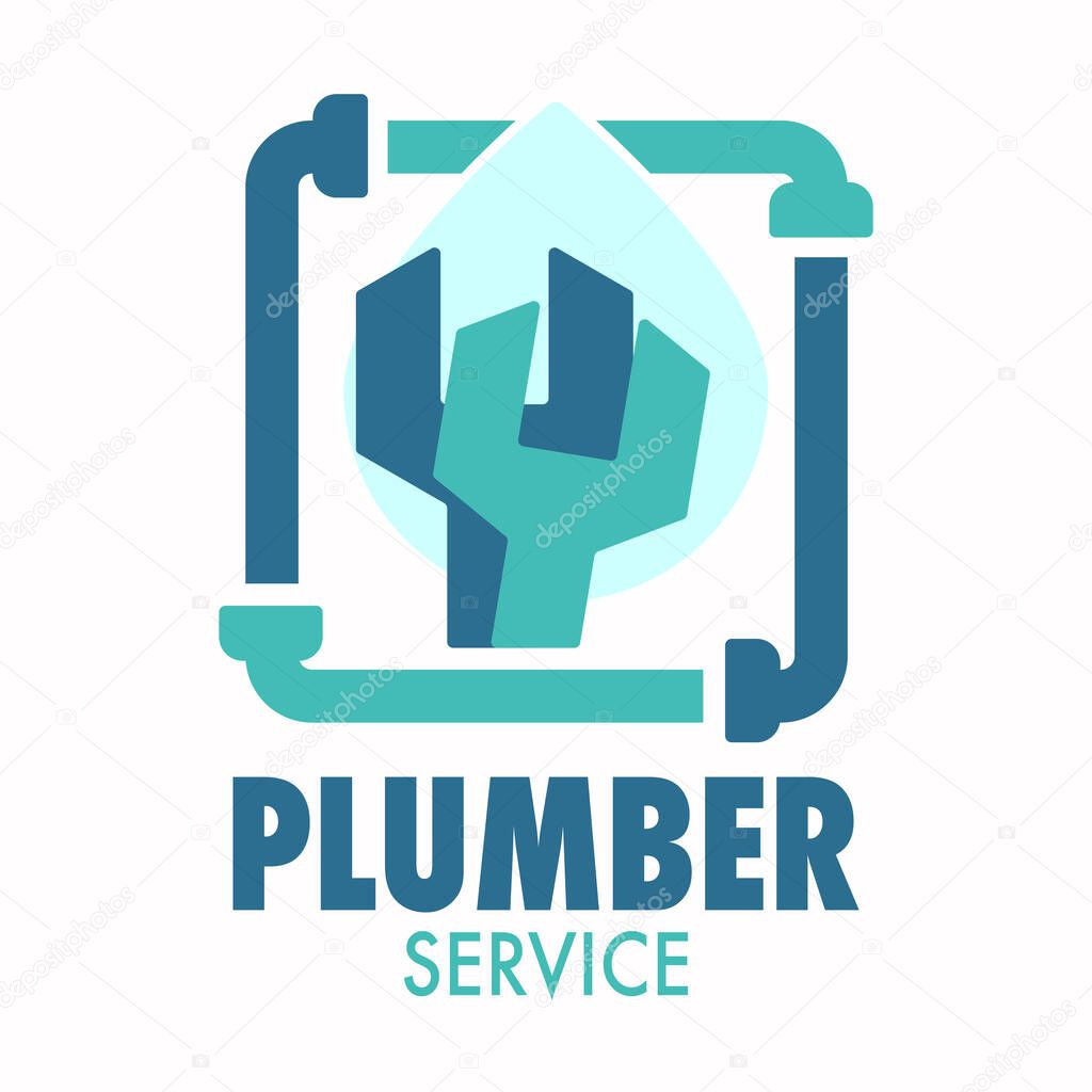 Plumber service logo. Spanner, pipe wrench hand tool with water drop and tube icons as a frame. Professional plumbing maintenance works. Green, blue colored vector illustration on white background.