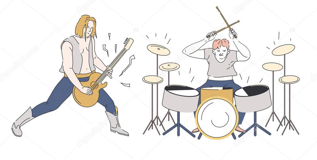 Rock band performing onstage during live concert. Guitarist holding electric bass guitar and drummer playing with drumsticks. Music performance, entertainment vector illustration on white background.