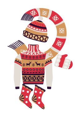 Fairaisle örgüsü ve Noel kış aksesuarları. Süveter, eldiven, çorap, fularlı bere. Kırmızı, kremalı, bronzlaşmış. Beyaz arkaplanda sonbahar tatil vektör illüstrasyonuName.