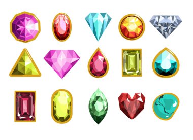 Gemstone, değerli taşlar. Mücevherler altın koleksiyonunda. Armut, yuvarlak, farklı kesim stilleri, üst ve yan görünüm. Beyaz arkaplanda çeşitli şekiller, renkler mücevher vektör çizimleri.