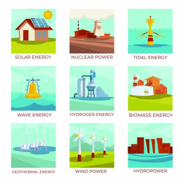 Enerji kaynakları, enerji santralleri ve doğal kaynaklar izole edilmiş ikonlar
