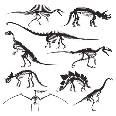 Prehistoric animals bones, dinosaur skeletons isolated icons clipart