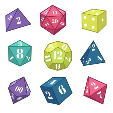 Dice and polyhedron for fantasy RPG, table top games equipment clipart