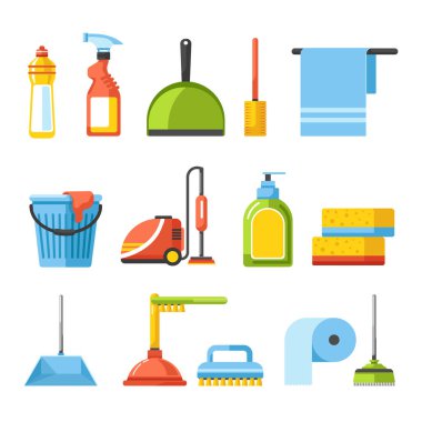 Household and housekeeping equipment, cleaning tools isolated icons clipart