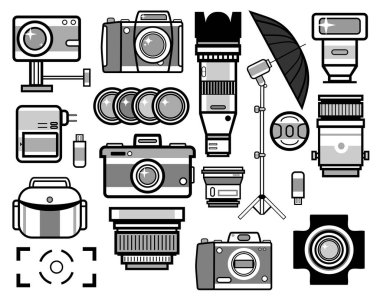 Kamera ve fotoğraf ekipmanları izole edilmiş simgeler, fotoshoot ekipmanları
