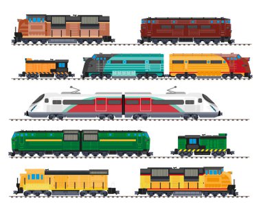 Elektrik ve dizel lokomotifler, yüksek hızlı tren, kargo vagonları izole edilmiş ikonlar.