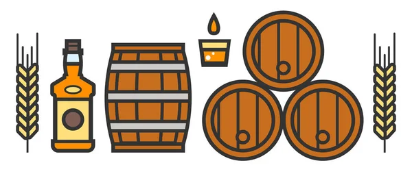 Piwo rzemieślnicze i browar izolowane ikony, butelki i beczki — Wektor stockowy