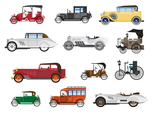 Retro voertuigen, vintage auto 's geïsoleerde pictogrammen, auto-industrie geschiedenis — Stockvector