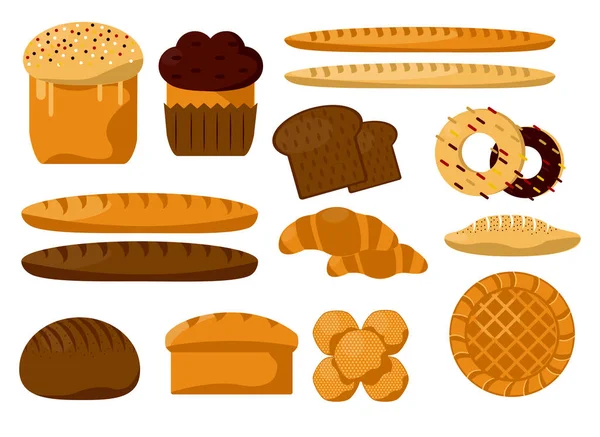 Pékipari termékek elszigetelt ikonok, kenyér és zsemle vagy sütemény — Stock Vector
