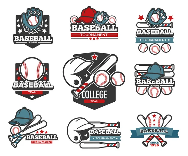Beyzbol turnuvası ikonları, spor malzemeleri, sopa ve top — Stok Vektör