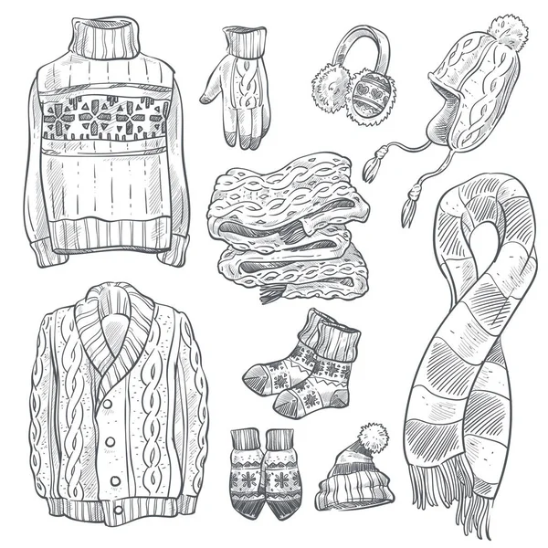Maglieria o maglieria vestiti invernali isolato schizzo icone — Vettoriale Stock