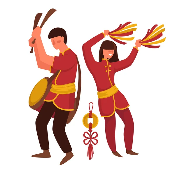 Китайские мужчины и женщины в традиционной одежде, помпонах и барабанах — стоковый вектор