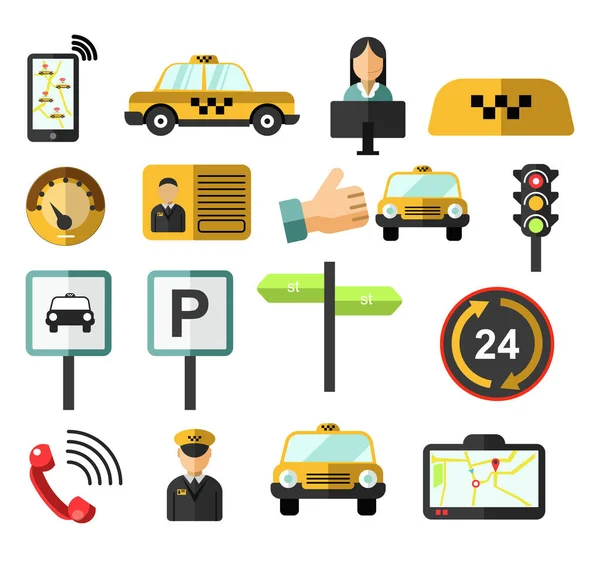 Commande de voiture, service de taxi icônes isolées, taxi jaune et chauffeur — Image vectorielle