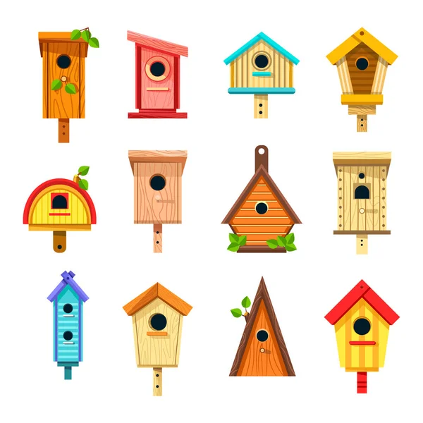 Casas de pájaros iconos aislados, cajas de anidación o edificios de árboles — Archivo Imágenes Vectoriales