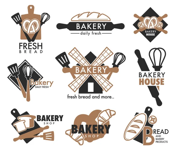 Ekmek somunu ve mutfak aletleri, pastane ikonları izole edilmiş — Stok Vektör