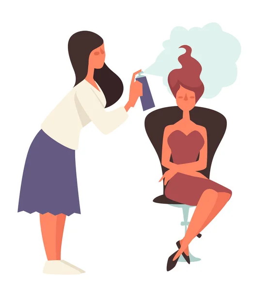 Kosmetický salon, kadeřnický postřik účesu ženské klientky — Stockový vektor