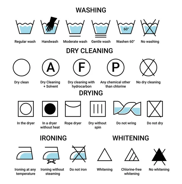 Pranie i czyszczenie na sucho, suszenie i prasowanie lub wybielanie izolowanych ikon — Wektor stockowy