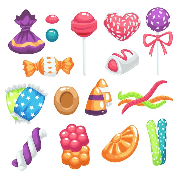 Candies and sweets, bonbons and jelly, marshmallow and lollipop isolated icons — Stock Vector