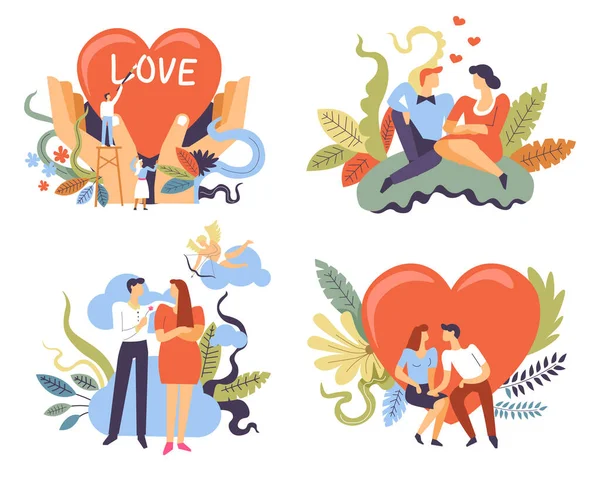 Parejas en citas románticas, amor y relaciones, iconos aislados — Archivo Imágenes Vectoriales