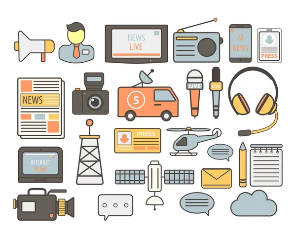 Equipo de filmación y difusión de noticias. medios de comunicación y periodismo — Vector de stock