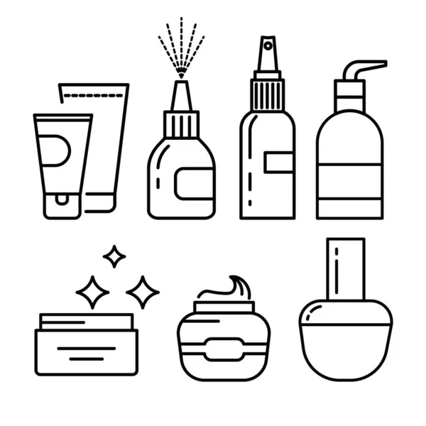 Pojemniki na kosmetyki, krem do pielęgnacji skóry i słoik lub butelka balsamu, aerozol do nosa — Wektor stockowy