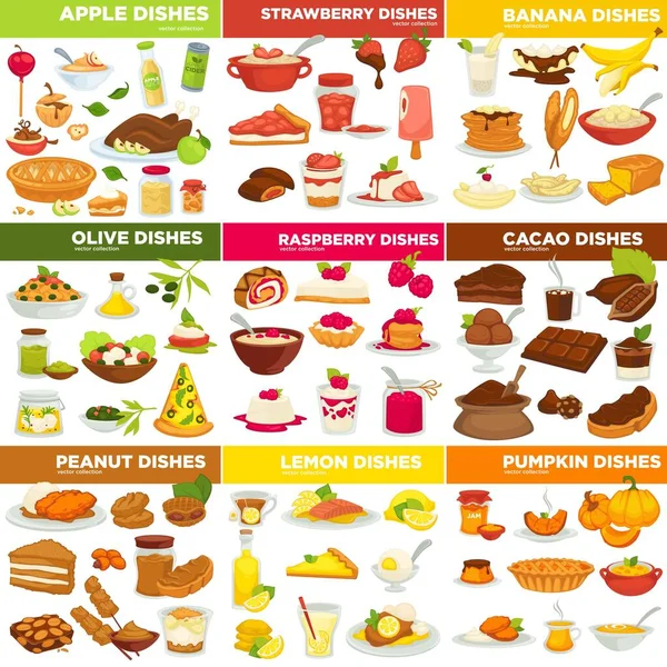 Plats cuisinés, volaille et desserts, porridge et salade icônes isolées — Image vectorielle